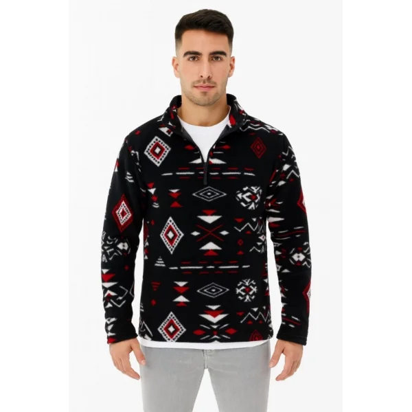 Erkek Yarım Fermuarlı Desenli Polar Sweat Tribal Etnik Desen Yakalı, Uzun Kollu, Oversize Rahat Kalıp, - Siyah