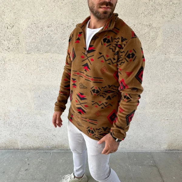 Erkek Yarım Fermuarlı Desenli Polar Sweat Tribal Etnik Desen Yakalı, Uzun Kollu, Oversize Rahat Kalıp, - Kahverengi