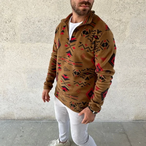 Erkek Yarım Fermuarlı Desenli Polar Sweat Tribal Etnik Desen Yakalı, Uzun Kollu, Oversize Rahat Kalıp, - Kahverengi