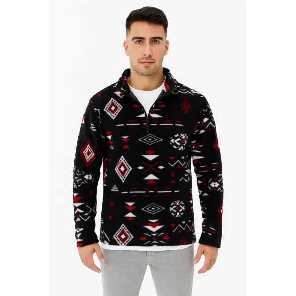 Erkek Yarım Fermuarlı Desenli Polar Sweat Tribal Etnik Desen Yakalı, Uzun Kollu, Oversize Rahat Kalıp, - Siyah