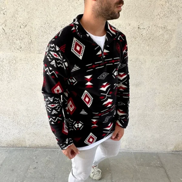 Erkek Yarım Fermuarlı Desenli Polar Sweat Tribal Etnik Desen Yakalı, Uzun Kollu, Oversize Rahat Kalıp, - Siyah