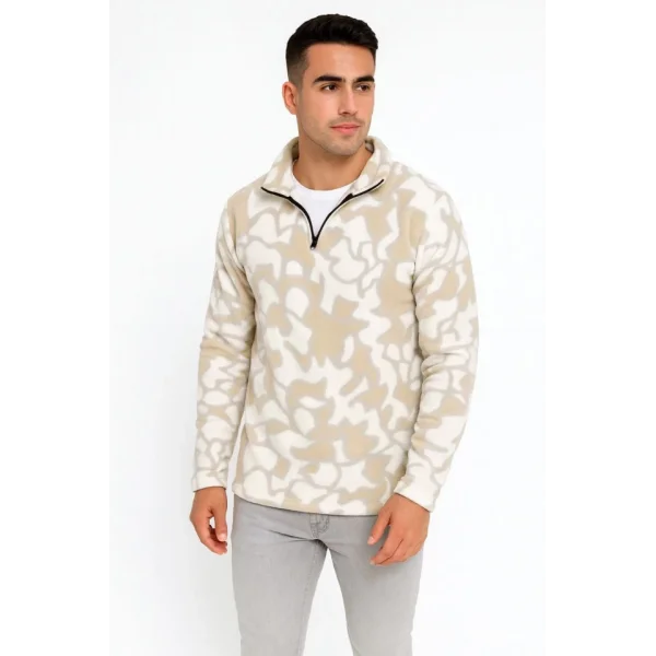 Erkek Yarım Fermuarlı Desenli Polar Sweat Yakalı, Uzun Kollu, Oversize Rahat Kalıp - Bej