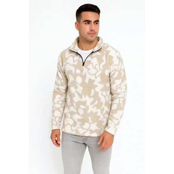 Erkek Yarım Fermuarlı Desenli Polar Sweat Yakalı, Uzun Kollu, Oversize Rahat Kalıp - Bej