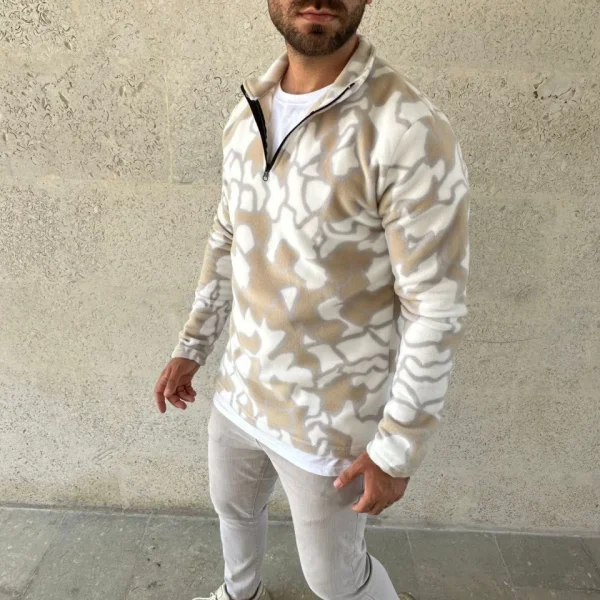 Erkek Yarım Fermuarlı Desenli Polar Sweat Yakalı, Uzun Kollu, Oversize Rahat Kalıp - Bej
