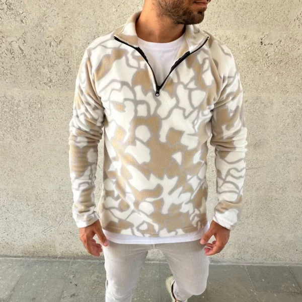 Erkek Yarım Fermuarlı Desenli Polar Sweat Yakalı, Uzun Kollu, Oversize Rahat Kalıp - Bej