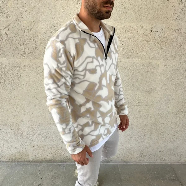 Erkek Yarım Fermuarlı Desenli Polar Sweat Yakalı, Uzun Kollu, Oversize Rahat Kalıp - Bej