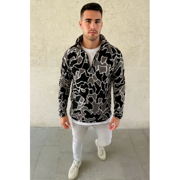 Erkek Yarım Fermuarlı Desenli Polar Sweat Yakalı, Uzun Kollu, Oversize Rahat Kalıp - Siyah