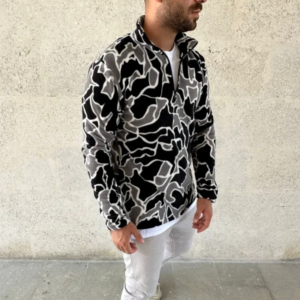 Erkek Yarım Fermuarlı Desenli Polar Sweat Yakalı, Uzun Kollu, Oversize Rahat Kalıp - Siyah