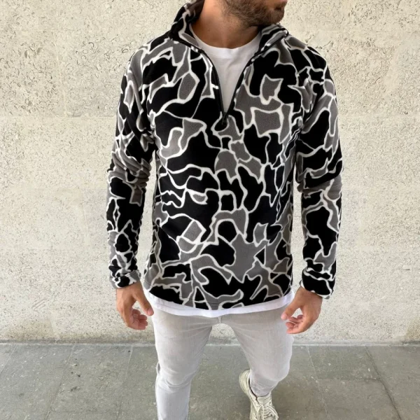 Erkek Yarım Fermuarlı Desenli Polar Sweat Yakalı, Uzun Kollu, Oversize Rahat Kalıp - Siyah
