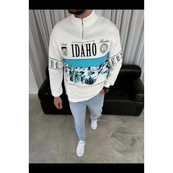 Erkek Yarım Fermuarlı Oversize Baskılı SweatShirt - Beyaz