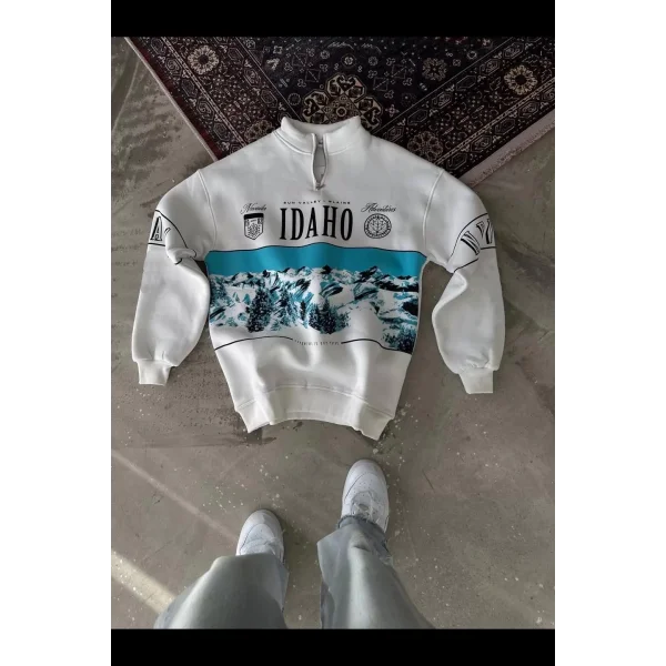 Erkek Yarım Fermuarlı Oversize Baskılı SweatShirt - Beyaz