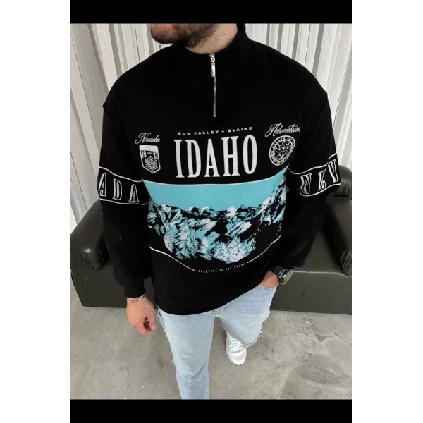 Erkek Yarım Fermuarlı Oversize Baskılı SweatShirt - Siyah