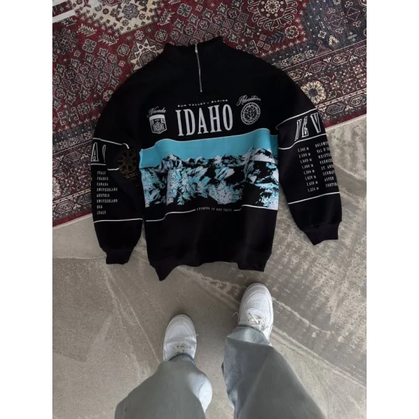 Erkek Yarım Fermuarlı Oversize Baskılı SweatShirt - Siyah