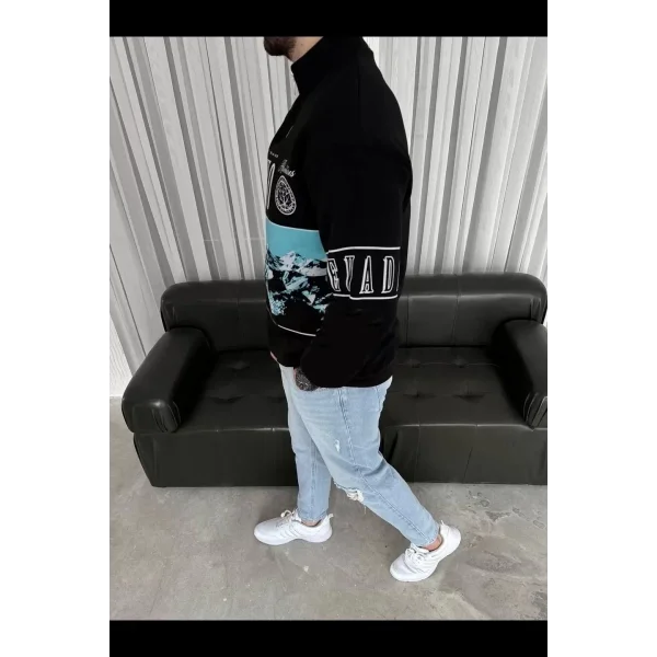 Erkek Yarım Fermuarlı Oversize Baskılı SweatShirt - Siyah