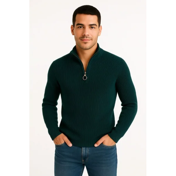 Erkek Yarım Fermuarlı Triko Kazak – Selanik Örgü, Dik Yaka, Pamuklu Dokuma, Regular Fit Uzun Kollu Kışlık Model - Haki