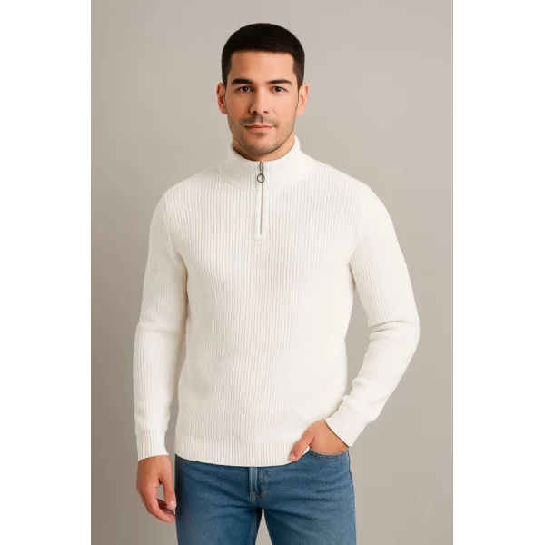 Erkek Yarım Fermuarlı Triko Kazak – Selanik Örgü, Dik Yaka, Pamuklu Dokuma, Regular Fit Uzun Kollu Kışlık Model - Beyaz