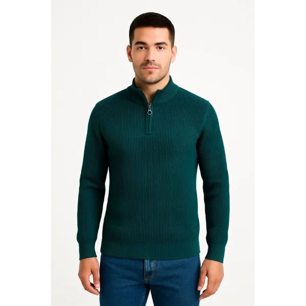 Erkek Yarım Fermuarlı Triko Kazak – Selanik Örgü, Dik Yaka, Pamuklu Dokuma, Regular Fit Uzun Kollu Kışlık Model - Haki