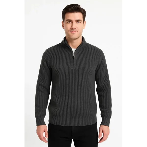 Erkek Yarım Fermuarlı Triko Kazak – Selanik Örgü, Dik Yaka, Pamuklu Dokuma, Regular Fit Uzun Kollu Kışlık Model - Füme