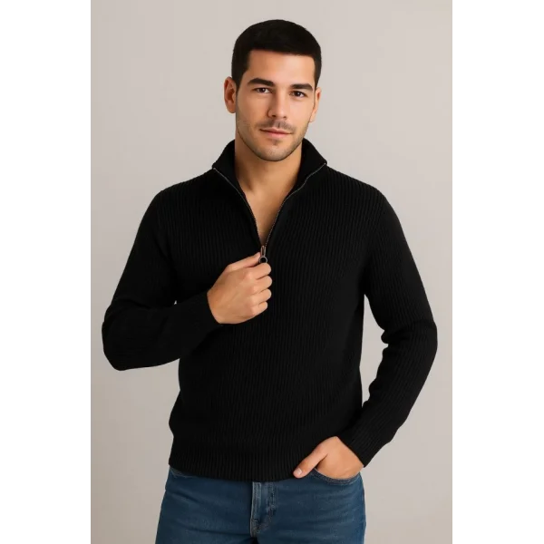 Erkek Yarım Fermuarlı Triko Kazak – Selanik Örgü, Dik Yaka, Pamuklu Dokuma, Regular Fit Uzun Kollu Kışlık Model - Siyah