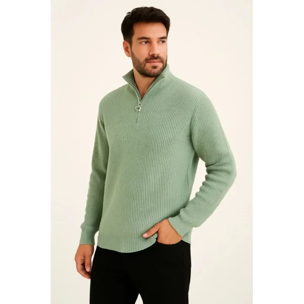 Erkek Yarım Fermuarlı Triko Kazak – Selanik Örgü, Dik Yaka, Pamuklu Dokuma, Regular Fit Uzun Kollu Kışlık Model - Mint Yeşili