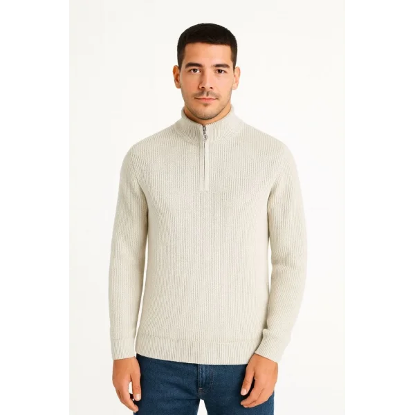 Erkek Yarım Fermuarlı Triko Kazak – Selanik Örgü, Dik Yaka, Pamuklu Dokuma, Regular Fit Uzun Kollu Kışlık Model - Bej