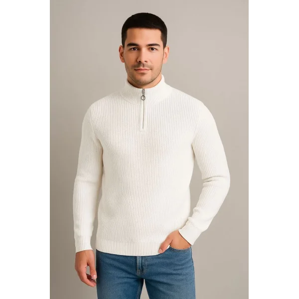 Erkek Yarım Fermuarlı Triko Kazak – Selanik Örgü, Dik Yaka, Pamuklu Dokuma, Regular Fit Uzun Kollu Kışlık Model - Beyaz