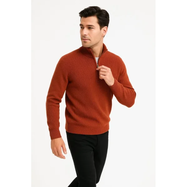 Erkek Yarım Fermuarlı Triko Kazak – Selanik Örgü, Dik Yaka, Pamuklu Dokuma, Regular Fit Uzun Kollu Kışlık Model - Kiremit