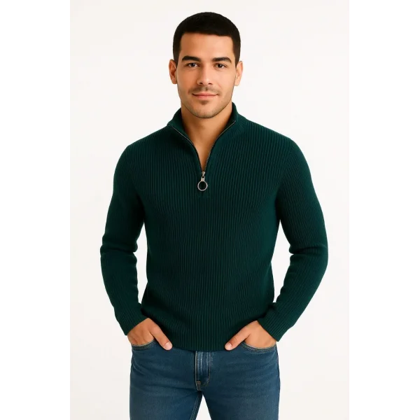 Erkek Yarım Fermuarlı Triko Kazak – Selanik Örgü, Dik Yaka, Pamuklu Dokuma, Regular Fit Uzun Kollu Kışlık Model - Haki