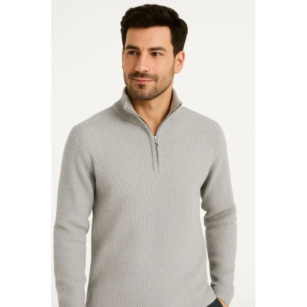 Erkek Yarım Fermuarlı Triko Kazak – Selanik Örgü, Dik Yaka, Pamuklu Dokuma, Regular Fit Uzun Kollu Kışlık Model - Gri