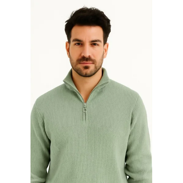 Erkek Yarım Fermuarlı Triko Kazak – Selanik Örgü, Dik Yaka, Pamuklu Dokuma, Regular Fit Uzun Kollu Kışlık Model - Mint Yeşili
