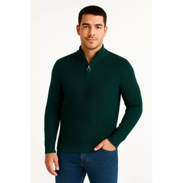Erkek Yarım Fermuarlı Triko Kazak – Selanik Örgü, Dik Yaka, Pamuklu Dokuma, Regular Fit Uzun Kollu Kışlık Model - Haki