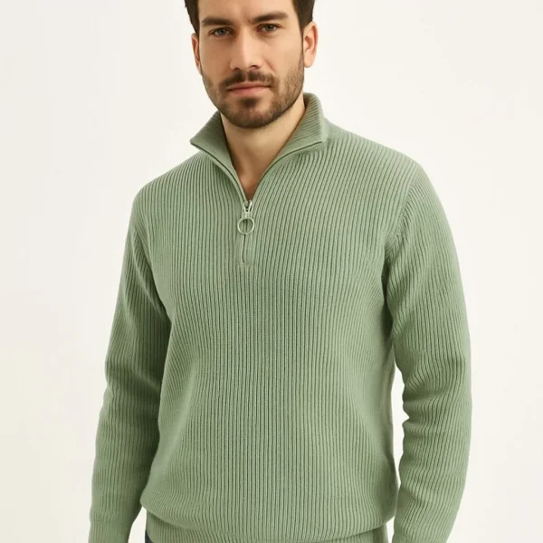Erkek Yarım Fermuarlı Triko Kazak – Selanik Örgü, Dik Yaka, Pamuklu Dokuma, Regular Fit Uzun Kollu Kışlık Model - Mint Yeşili