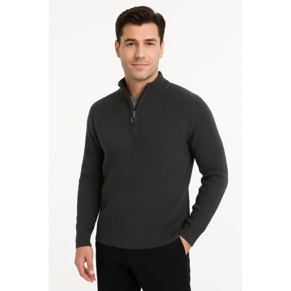 Erkek Yarım Fermuarlı Triko Kazak – Selanik Örgü, Dik Yaka, Pamuklu Dokuma, Regular Fit Uzun Kollu Kışlık Model - Füme
