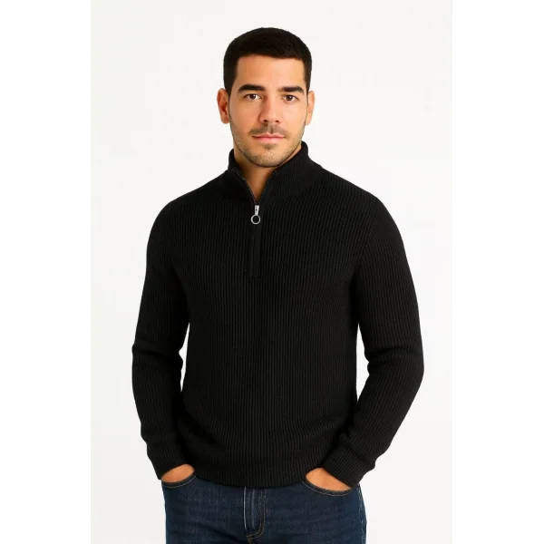 Erkek Yarım Fermuarlı Triko Kazak – Selanik Örgü, Dik Yaka, Pamuklu Dokuma, Regular Fit Uzun Kollu Kışlık Model - Siyah