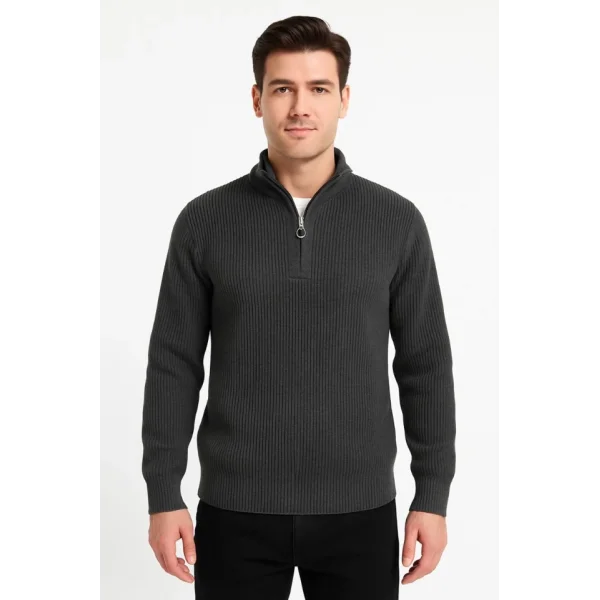 Erkek Yarım Fermuarlı Triko Kazak – Selanik Örgü, Dik Yaka, Pamuklu Dokuma, Regular Fit Uzun Kollu Kışlık Model - Füme