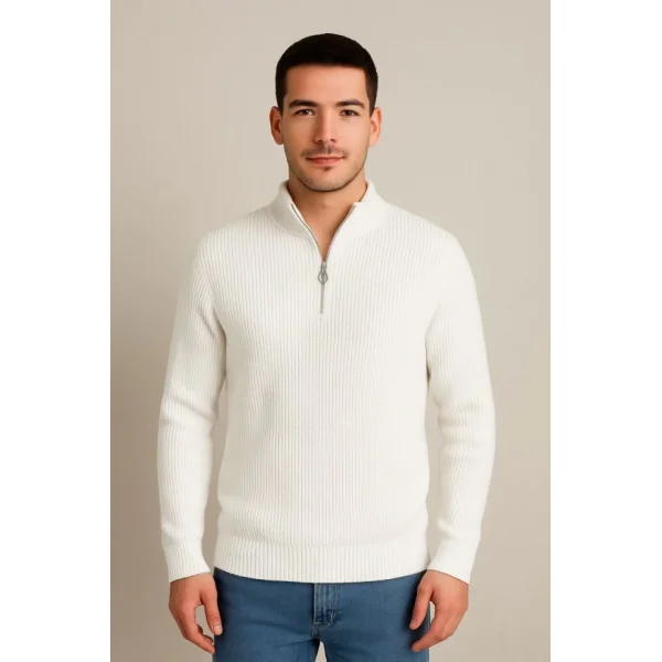 Erkek Yarım Fermuarlı Triko Kazak – Selanik Örgü, Dik Yaka, Pamuklu Dokuma, Regular Fit Uzun Kollu Kışlık Model - Beyaz