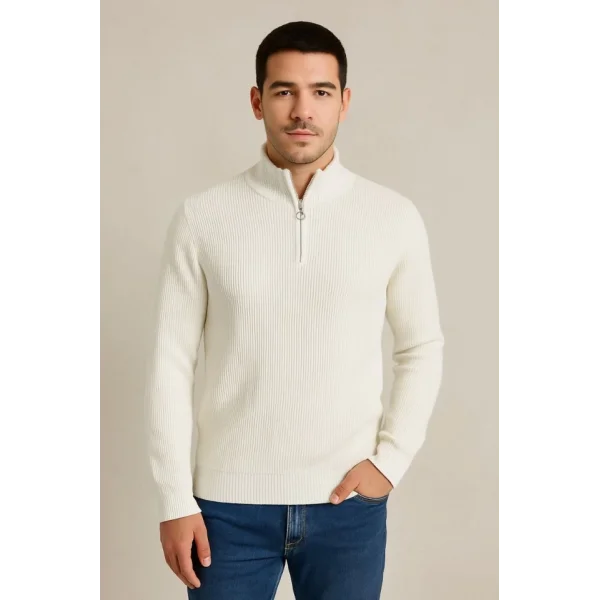 Erkek Yarım Fermuarlı Triko Kazak – Selanik Örgü, Dik Yaka, Pamuklu Dokuma, Regular Fit Uzun Kollu Kışlık Model - Beyaz