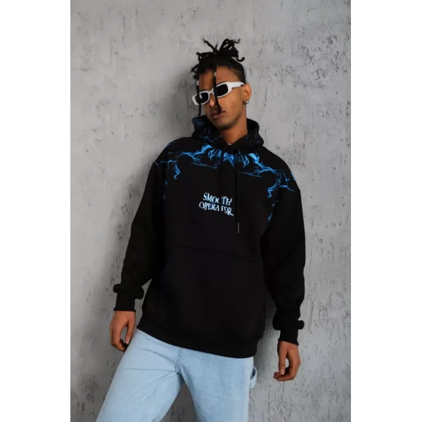 Erkek Yıldırım Baskılı Kapşonlu Sweat - Siyah