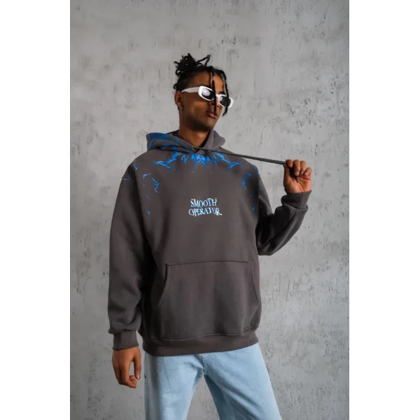 Erkek Yıldırım Baskılı Kapşonlu Sweatshirt - Gri