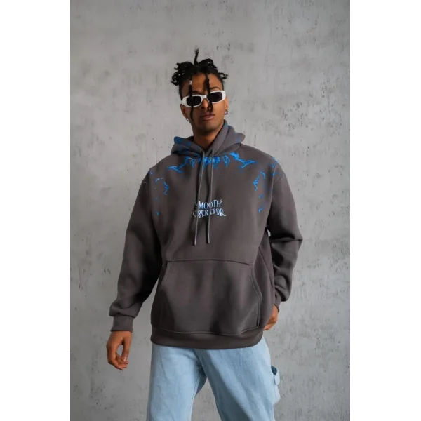 Erkek Yıldırım Baskılı Kapşonlu Sweatshirt - Gri