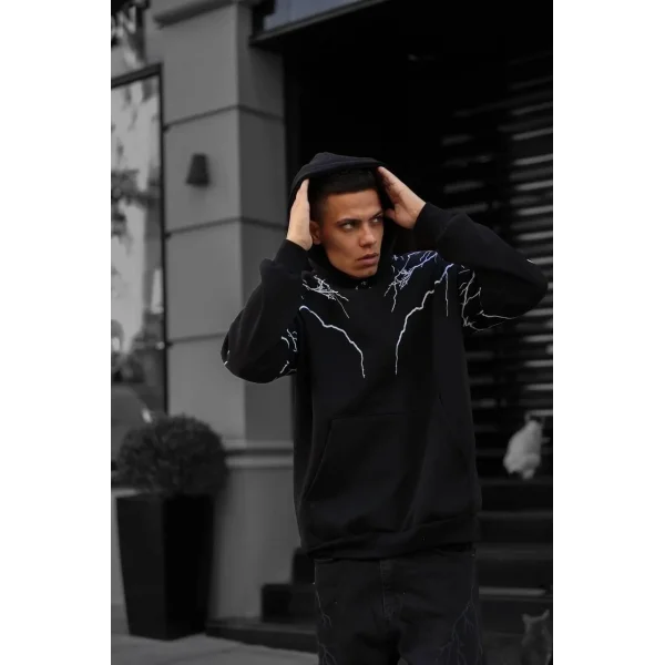 Erkek Yıldırım Baskılı Sweat Kapşonlu - Siyah