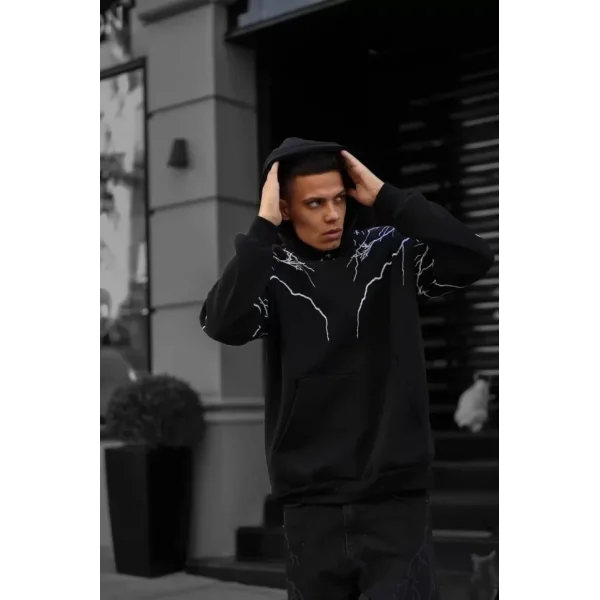 Erkek Yıldırım Baskılı Sweat Kapşonlu - Siyah