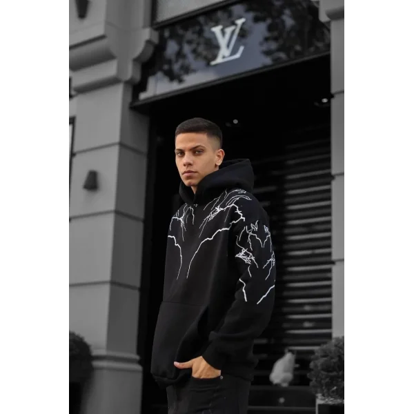 Erkek Yıldırım Baskılı Sweat Kapşonlu - Siyah