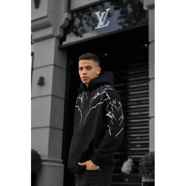 Erkek Yıldırım Baskılı Sweat Kapşonlu - Siyah