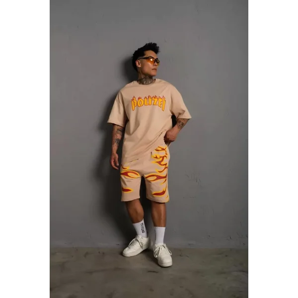 Erkek Alev Baskılı İkili Şortlu Takım - Bej