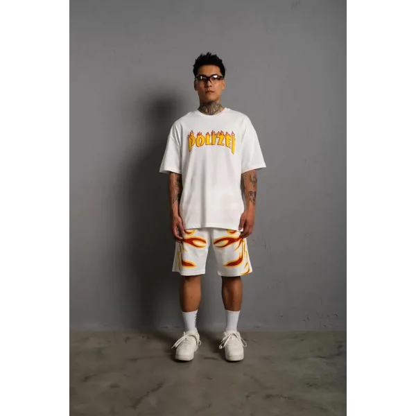 Erkek Alev Baskılı İkili Şortlu Takım - Beyaz