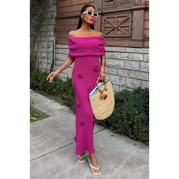 Eteği Gül Detay Madonna Yaka Elbise 2863