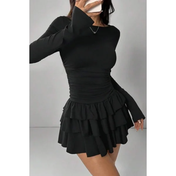 Eteği Kat Kat Volanlı Mini Elbise