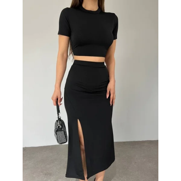 Eteği Yırtmaçlı Sandy Crop Takım -Siyah