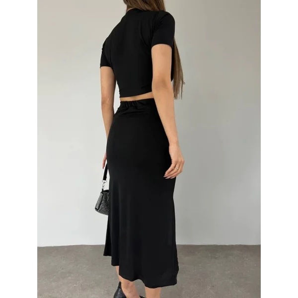 Eteği Yırtmaçlı Sandy Crop Takım -Siyah